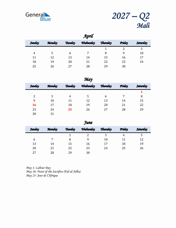 April, May, and June Calendar for Mali with Sunday Start