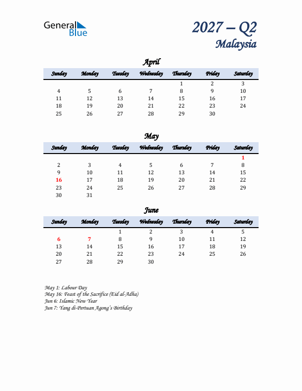April, May, and June Calendar for Malaysia with Sunday Start