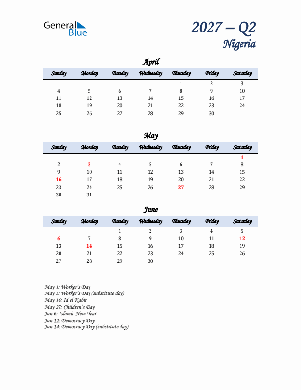 April, May, and June Calendar for Nigeria with Sunday Start
