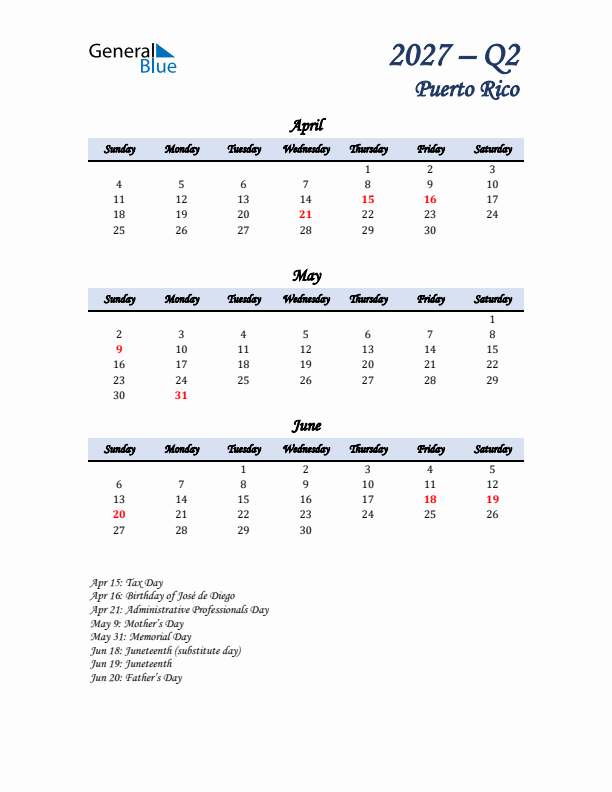 April, May, and June Calendar for Puerto Rico with Sunday Start