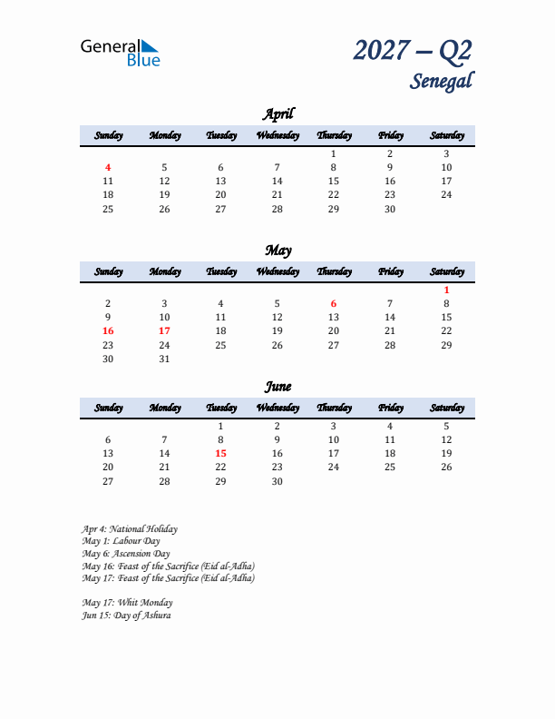 April, May, and June Calendar for Senegal with Sunday Start