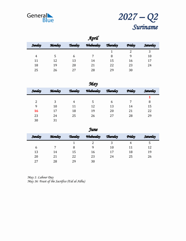 April, May, and June Calendar for Suriname with Sunday Start
