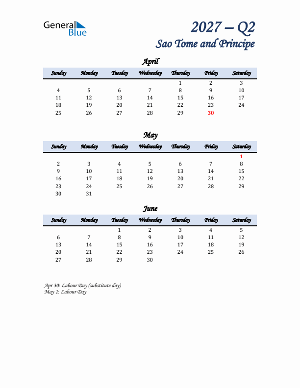 April, May, and June Calendar for Sao Tome and Principe with Sunday Start