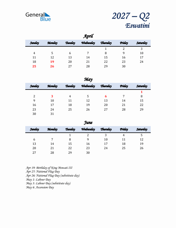 April, May, and June Calendar for Eswatini with Sunday Start