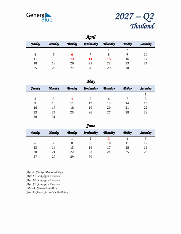 April, May, and June Calendar for Thailand with Sunday Start