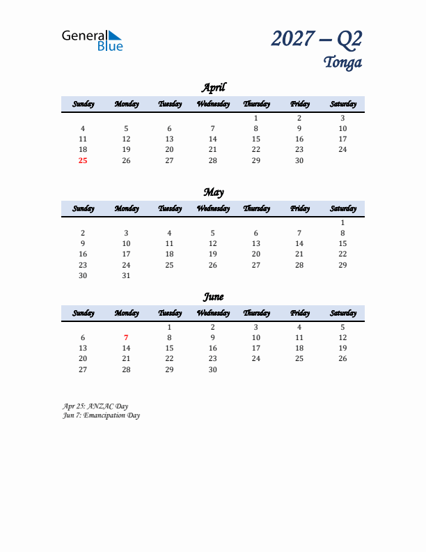 April, May, and June Calendar for Tonga with Sunday Start