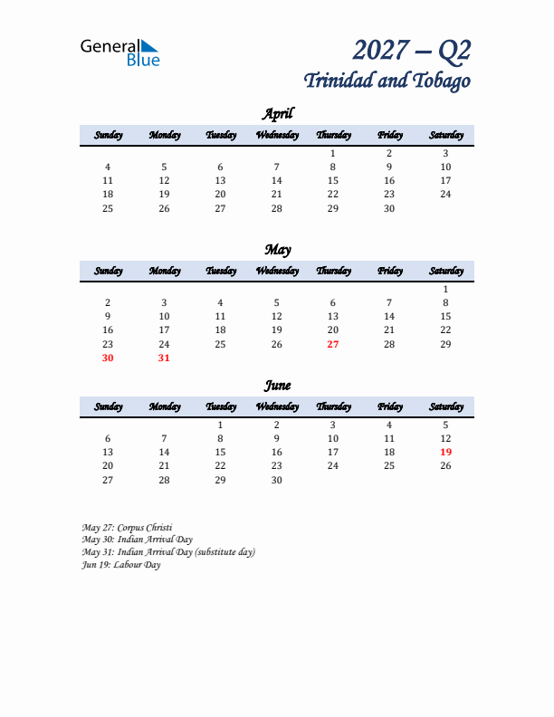 April, May, and June Calendar for Trinidad and Tobago with Sunday Start