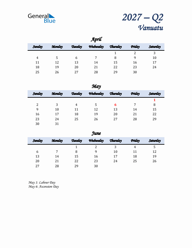 April, May, and June Calendar for Vanuatu with Sunday Start