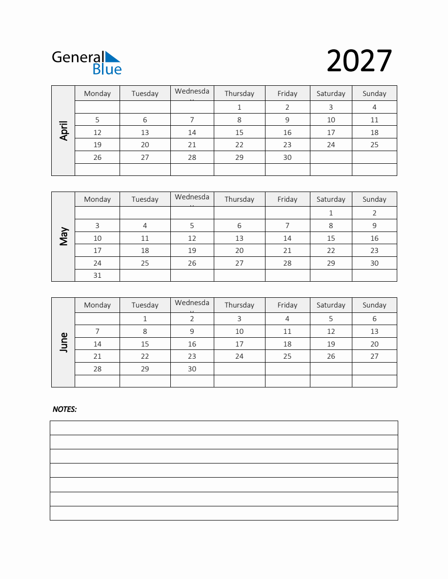 Q2 2027 Calendar Template with Notes in PDF, Word, and Excel - Monday Start