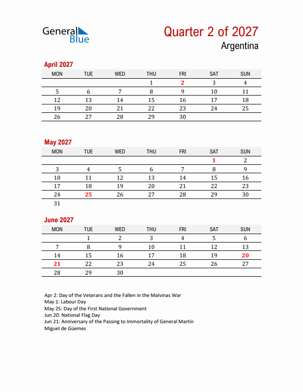 Printable Three Month Calendar with Argentina Holidays