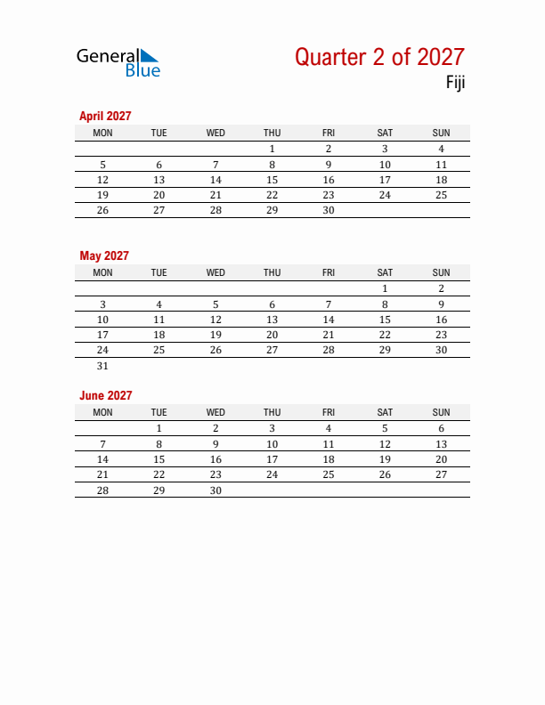 Printable Three Month Calendar with Fiji Holidays