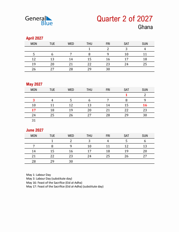 Printable Three Month Calendar with Ghana Holidays