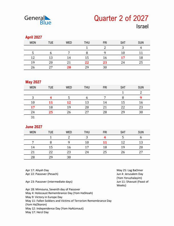 Printable Three Month Calendar with Israel Holidays