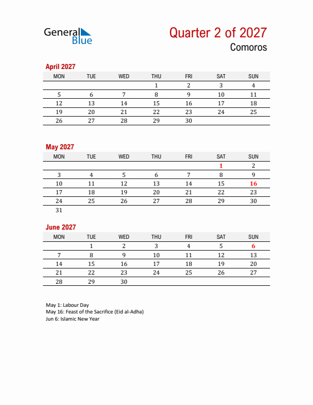 Printable Three Month Calendar with Comoros Holidays