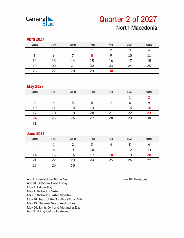 Printable Three Month Calendar with North Macedonia Holidays