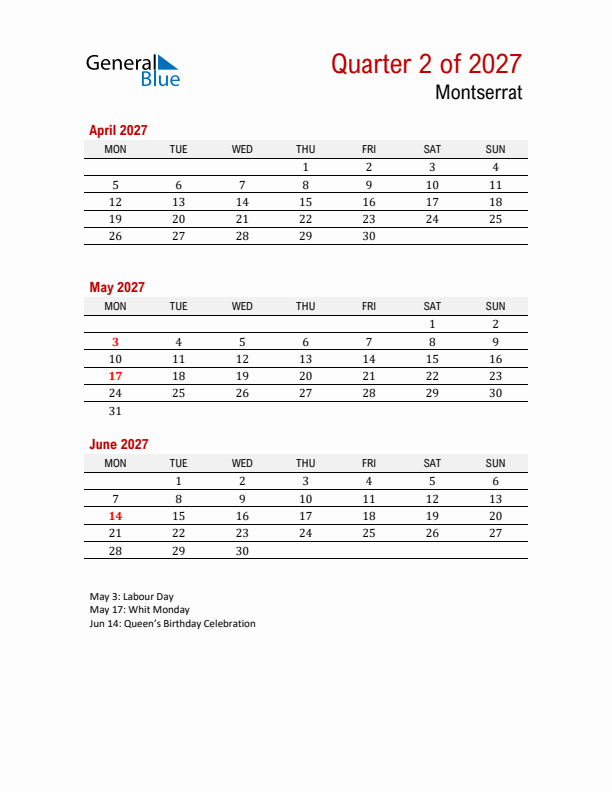 Printable Three Month Calendar with Montserrat Holidays