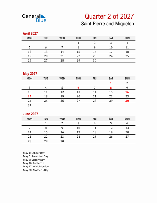 Printable Three Month Calendar with Saint Pierre and Miquelon Holidays