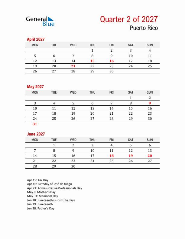Printable Three Month Calendar with Puerto Rico Holidays