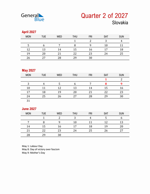 Printable Three Month Calendar with Slovakia Holidays