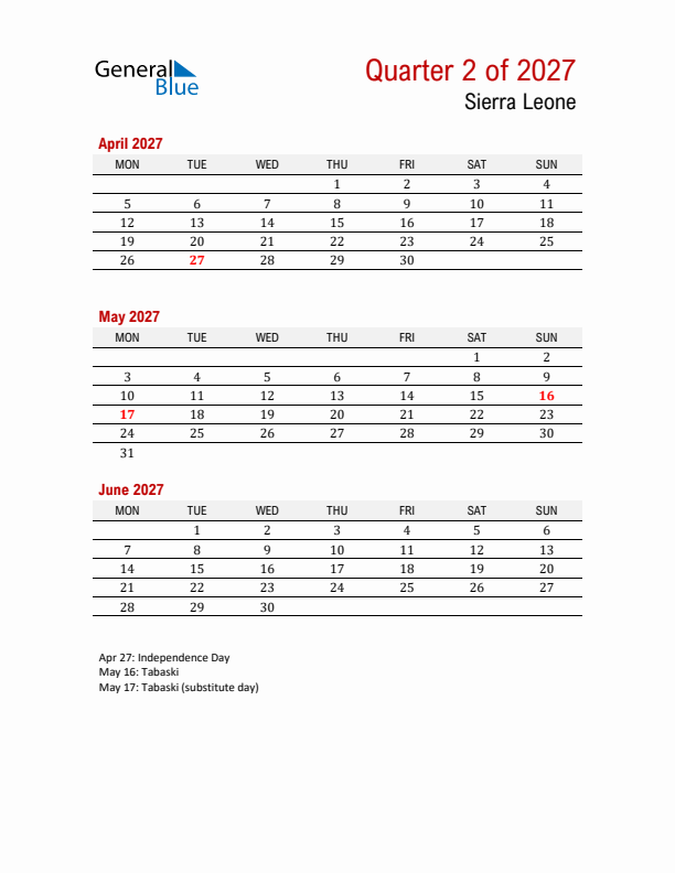 Printable Three Month Calendar with Sierra Leone Holidays