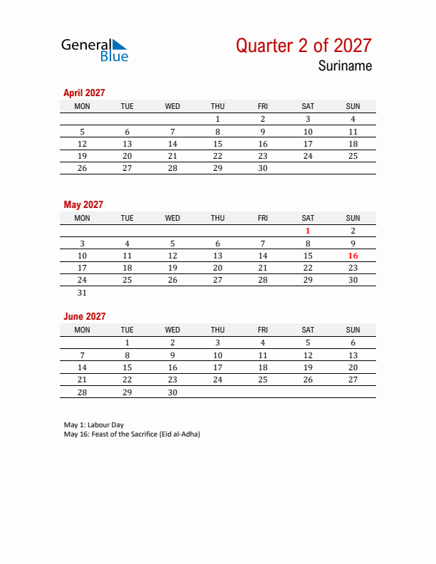 Printable Three Month Calendar with Suriname Holidays