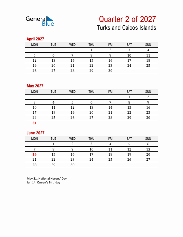 Printable Three Month Calendar with Turks and Caicos Islands Holidays