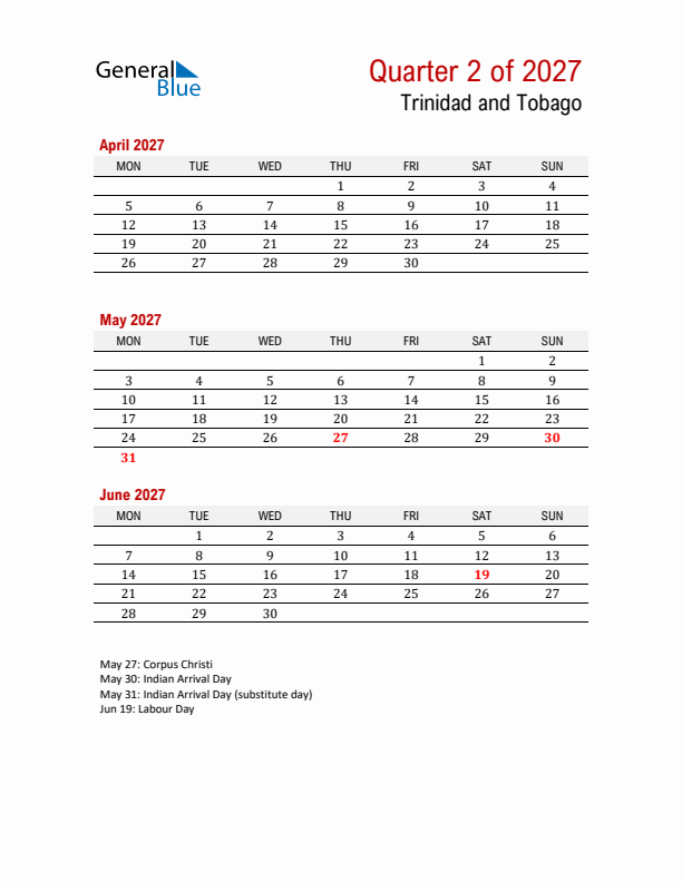 Printable Three Month Calendar with Trinidad and Tobago Holidays