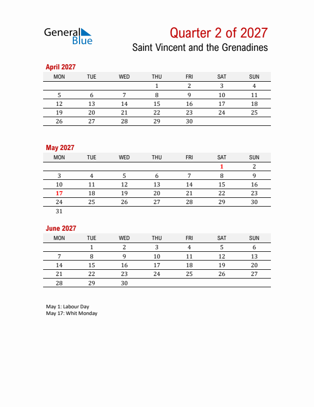 Printable Three Month Calendar with Saint Vincent and the Grenadines Holidays