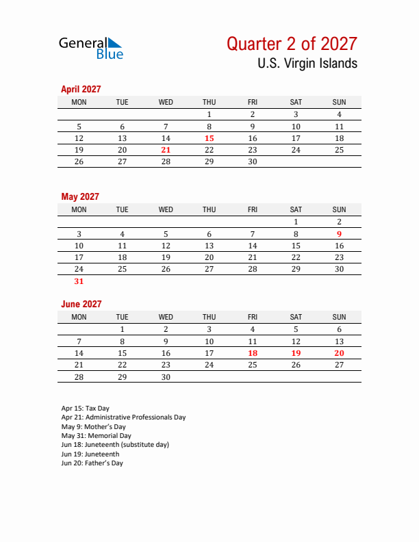 Printable Three Month Calendar with U.S. Virgin Islands Holidays