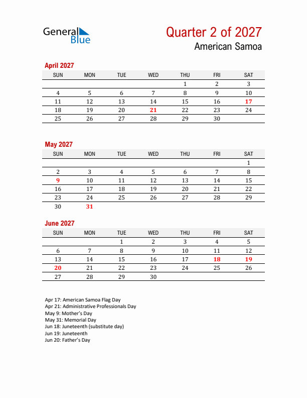 Printable Three Month Calendar with American Samoa Holidays