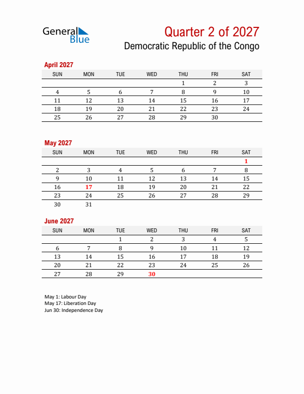 Printable Three Month Calendar with Democratic Republic of the Congo Holidays