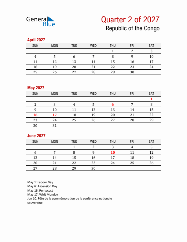 Printable Three Month Calendar with Republic of the Congo Holidays