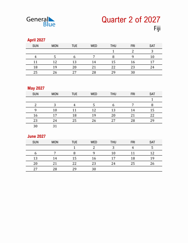 Printable Three Month Calendar with Fiji Holidays