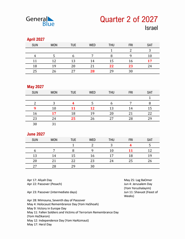 Printable Three Month Calendar with Israel Holidays