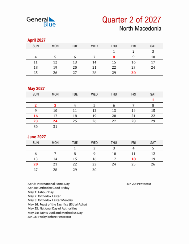 Printable Three Month Calendar with North Macedonia Holidays