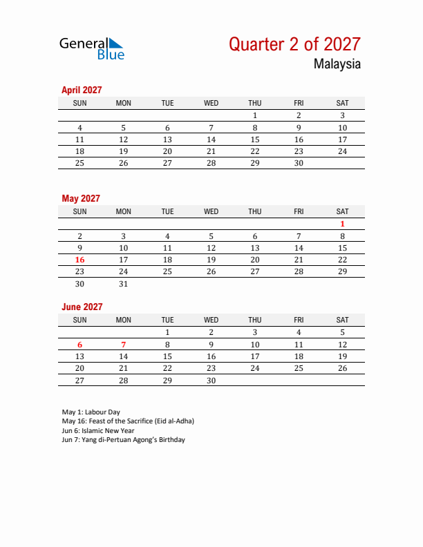 Printable Three Month Calendar with Malaysia Holidays