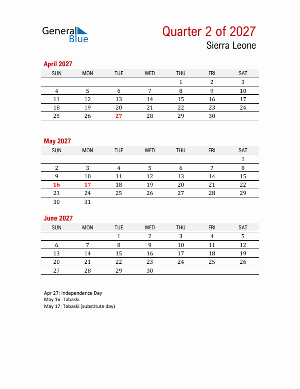 Printable Three Month Calendar with Sierra Leone Holidays