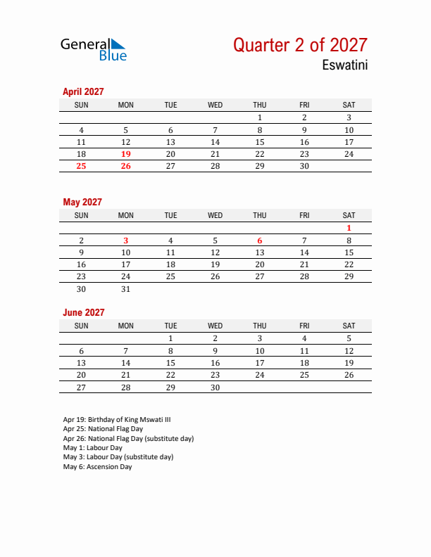 Printable Three Month Calendar with Eswatini Holidays