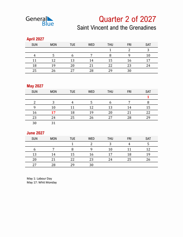 Printable Three Month Calendar with Saint Vincent and the Grenadines Holidays