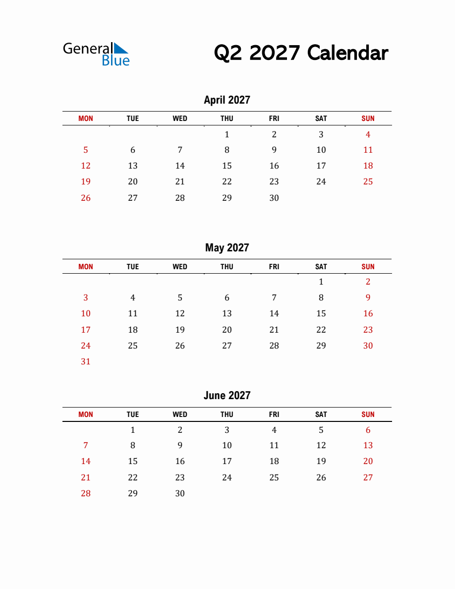 Q2 2027 Calendar Template in PDF, Excel, and Word - Monday Start