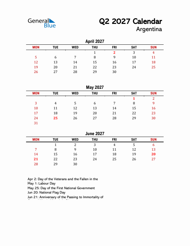 2027 Q2 Calendar with Holidays List for Argentina