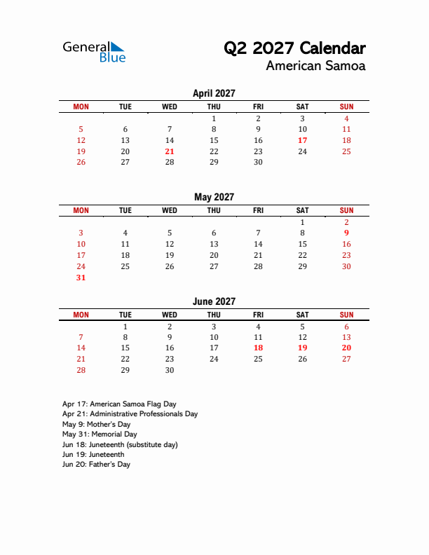 2027 Q2 Calendar with Holidays List for American Samoa