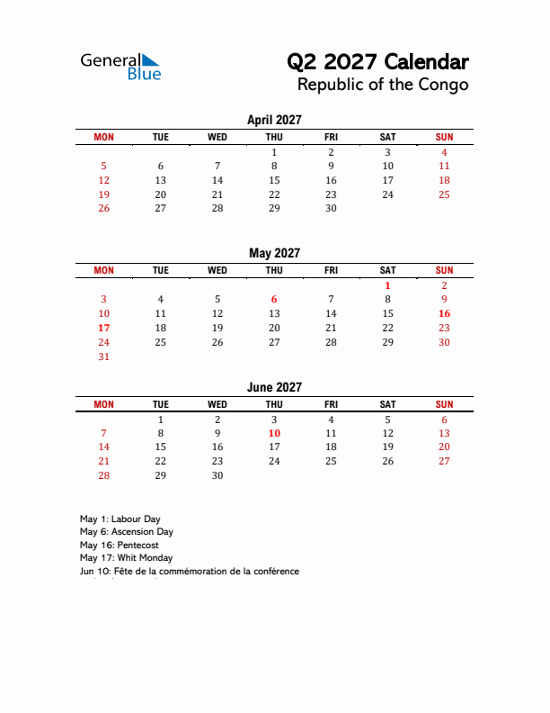 2027 Q2 Calendar with Holidays List for Republic of the Congo
