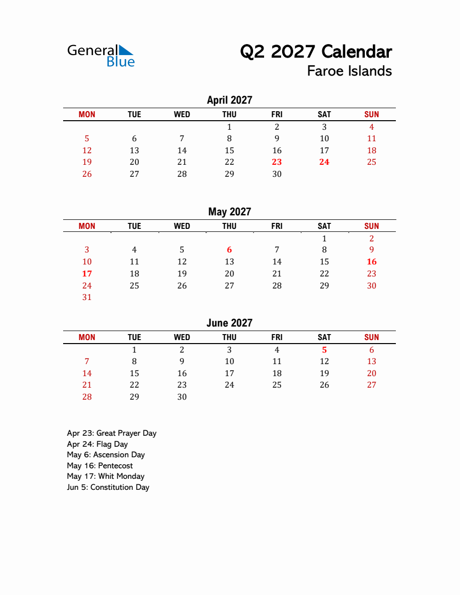 2027 Q2 Calendar with Holidays List for Faroe Islands - Monday Start