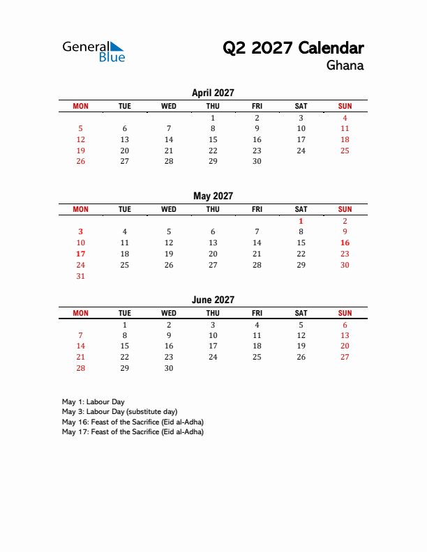 2027 Q2 Calendar with Holidays List for Ghana