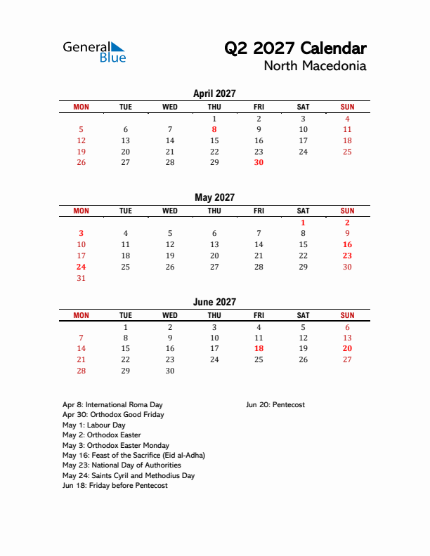 2027 Q2 Calendar with Holidays List for North Macedonia