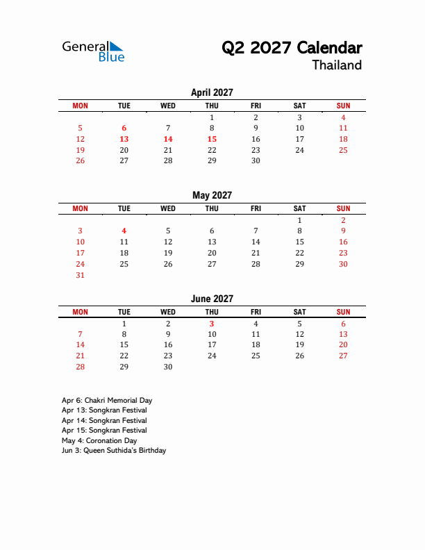 2027 Q2 Calendar with Holidays List for Thailand