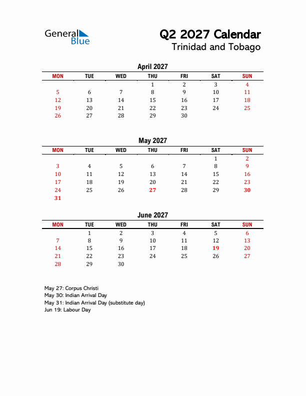 2027 Q2 Calendar with Holidays List for Trinidad and Tobago