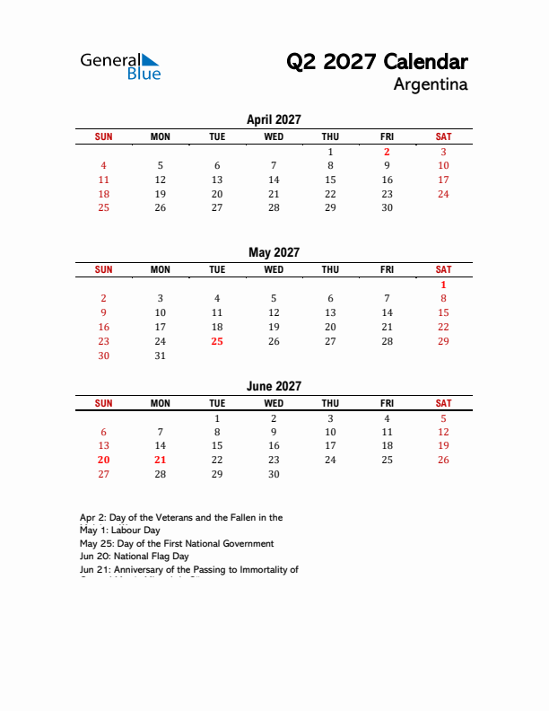 2027 Q2 Calendar with Holidays List for Argentina