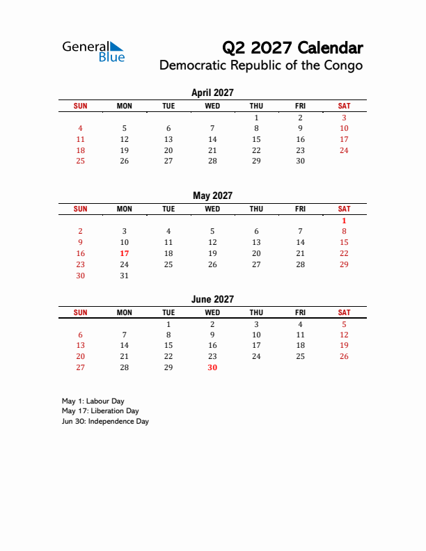 2027 Q2 Calendar with Holidays List for Democratic Republic of the Congo